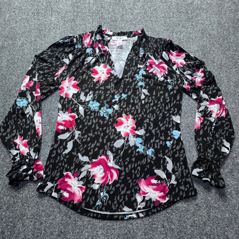 WHBM Women XS Floral Leopard Print V-Neck Smocked Blouse Pink Grey 570335818